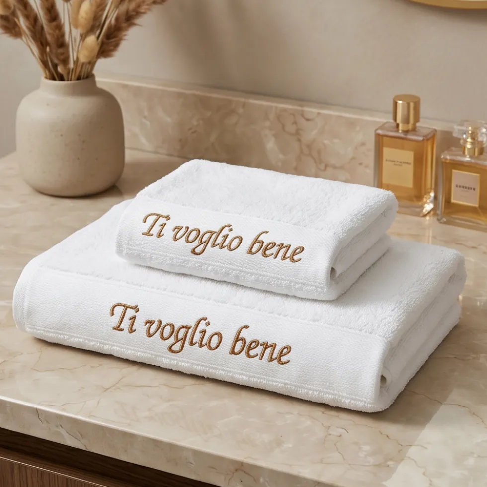 Set Asciugamani Bianco ricamato Ti Voglio Bene 50x100 e 40x55 cm