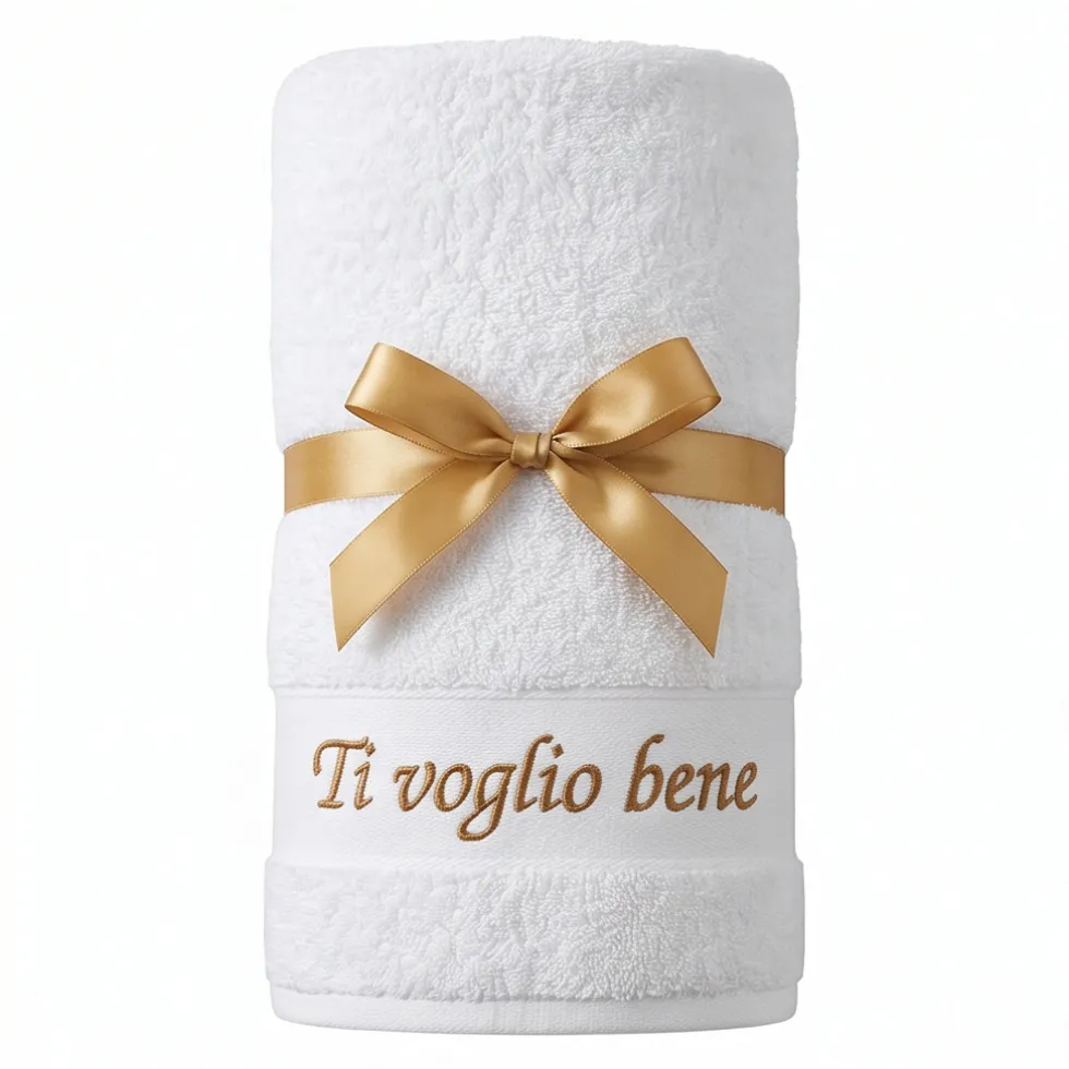 Set Asciugamani Bianco ricamato Ti Voglio Bene 50x100 e 40x55 cm