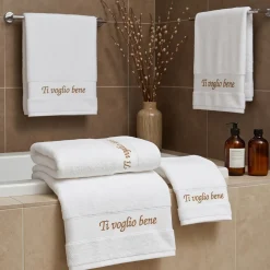 Set Asciugamani Bianco ricamato Ti Voglio Bene 50x100 e 40x55 cm
