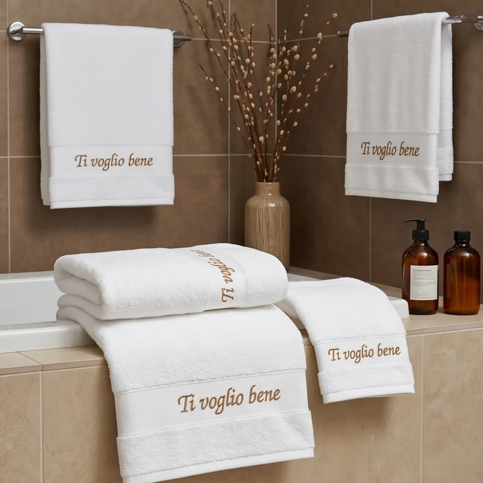 Set Asciugamani Bianco ricamato Ti Voglio Bene 50x100 e 40x55 cm