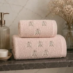 Set Asciugamani in Morbida Spugna di Cotone rosa Ricamo Api