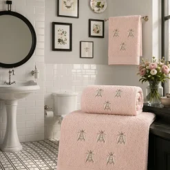 Set Asciugamani in Morbida Spugna di Cotone rosa Ricamo Api