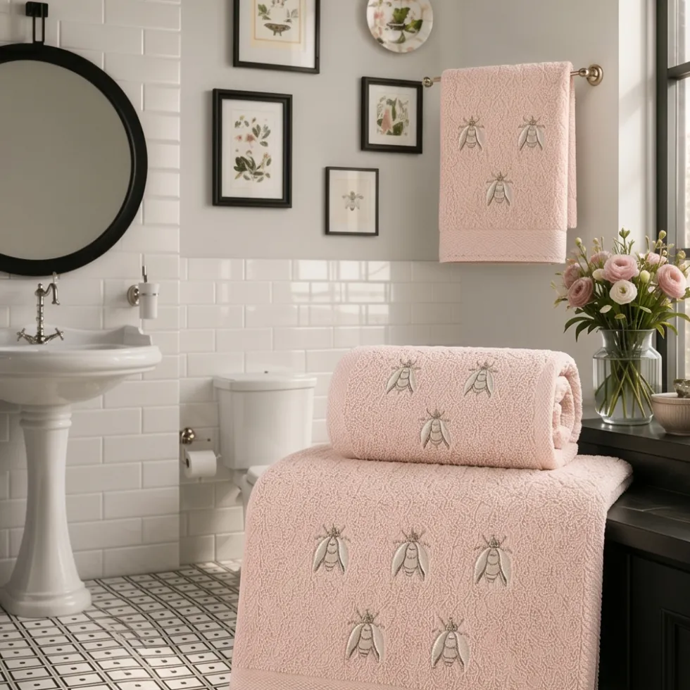 Set Asciugamani in Morbida Spugna di Cotone rosa Ricamo Api