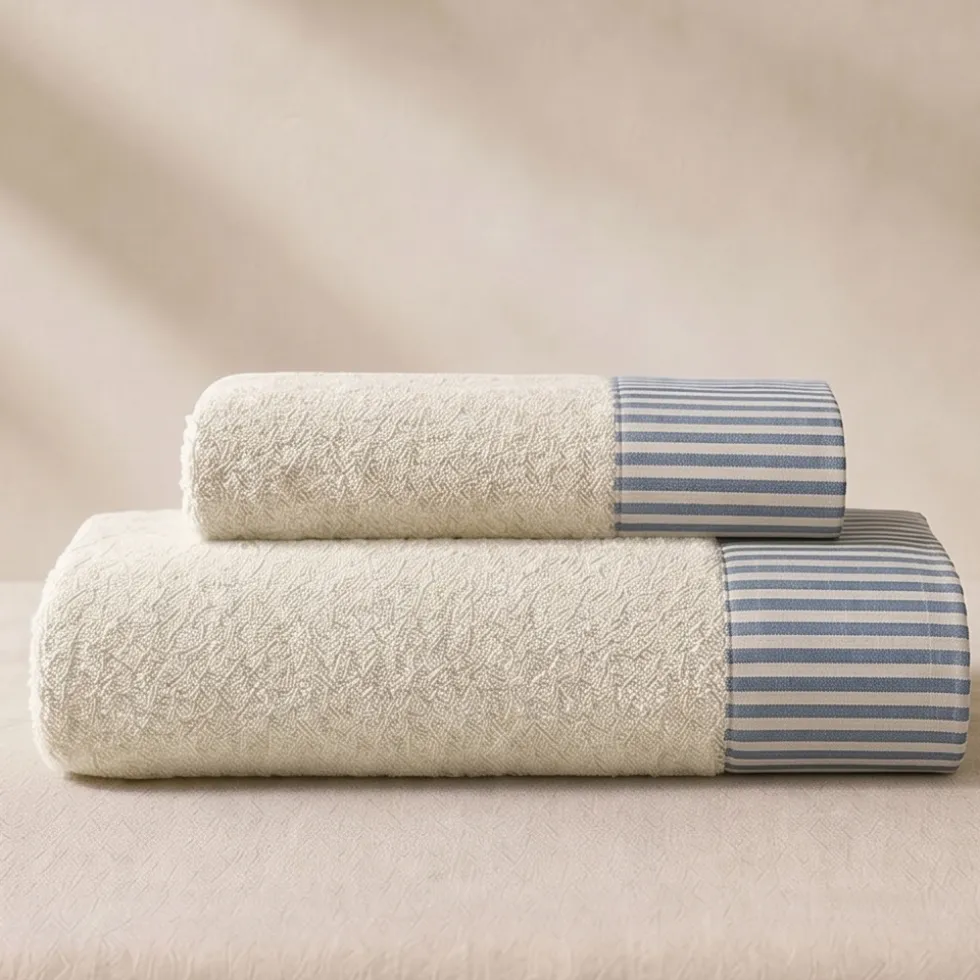 Set Asciugamani 1+1 in spugna panna con righe bluette | Arredo Bagno