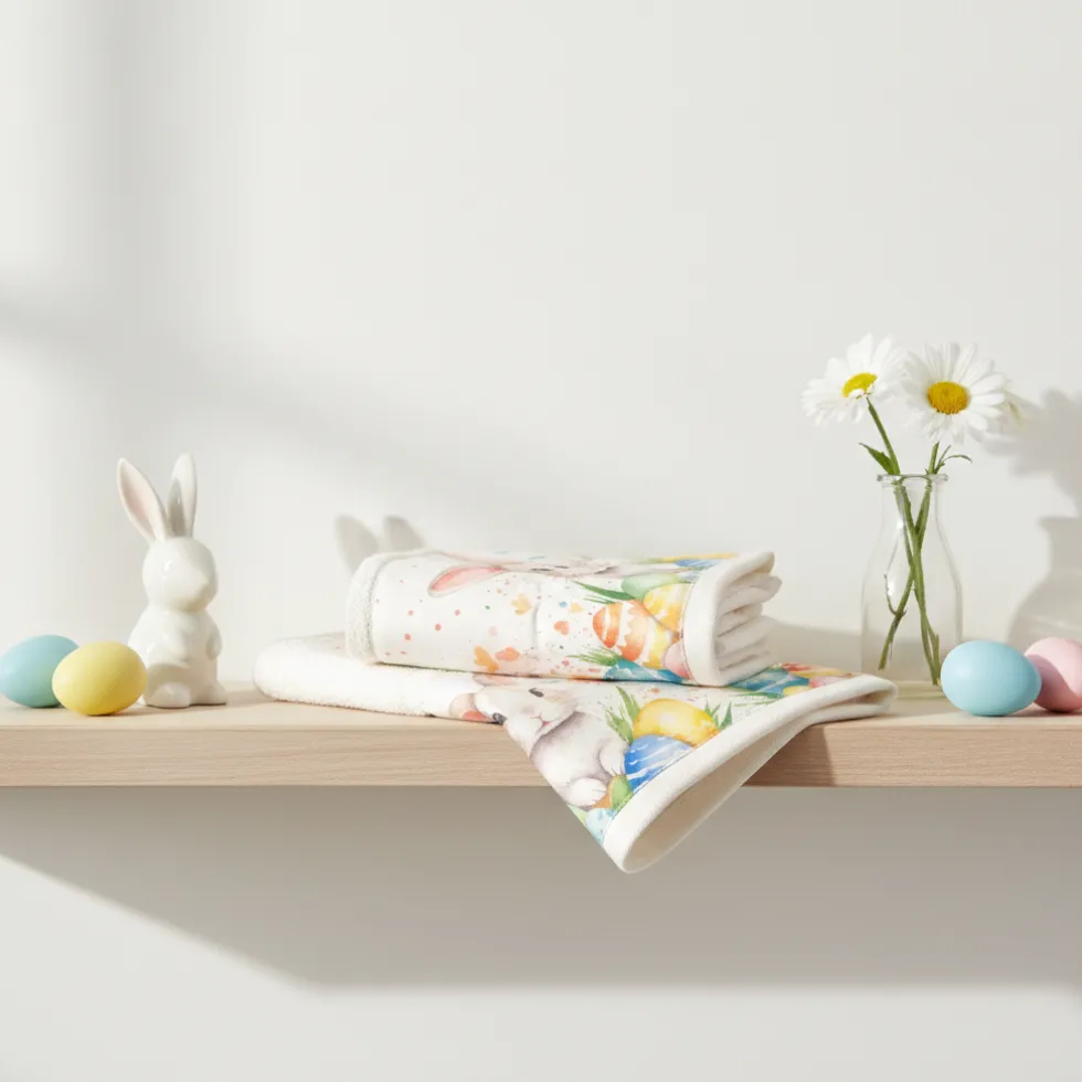 Set asciugamani Pasqua con bordo applicato Uova e Coniglietti panna