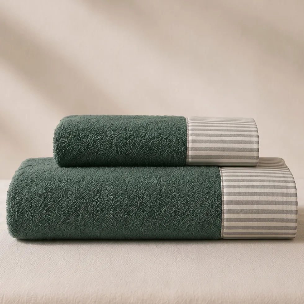 Set Asciugamani 1+1 verde a Righe | Stile Shabby e Romantico