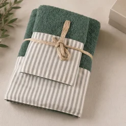 Set Asciugamani 1+1 verde a Righe | Stile Shabby e Romantico