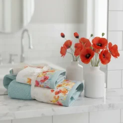 Set Asciugamani viso e ospite con bordo applicato Papaveri acqua