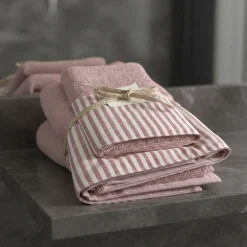Set Asciugamani 1+1 viso e ospite in spugna con bordo a righe rosa