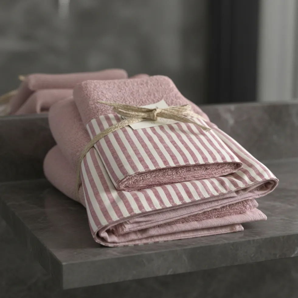 Set Asciugamani 1+1 viso e ospite in spugna con bordo a righe rosa