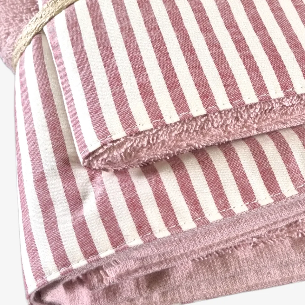 Set Asciugamani 1+1 viso e ospite in spugna con bordo a righe rosa