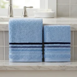 Set asciugamani viso + ospite in spugna azzurro cielo con righe jacquard