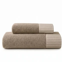 Set Asciugamani Viso + Ospite Tortora con bordo applicato a righe