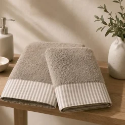 Set Asciugamani Viso + Ospite Tortora con bordo applicato a righe