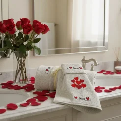 Set asciugamano con ospite San Valentino ricamo Cuori fondo grigio