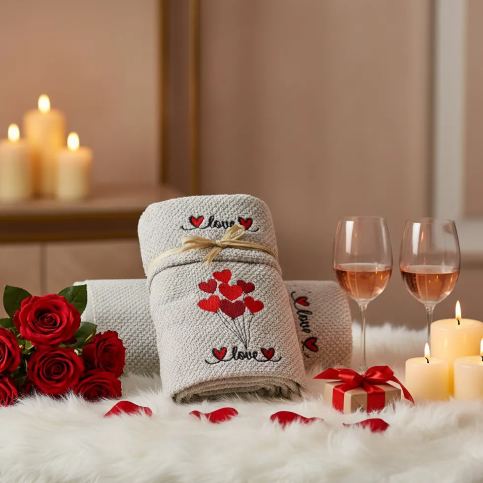 Set asciugamano con ospite San Valentino ricamo Cuori fondo grigio