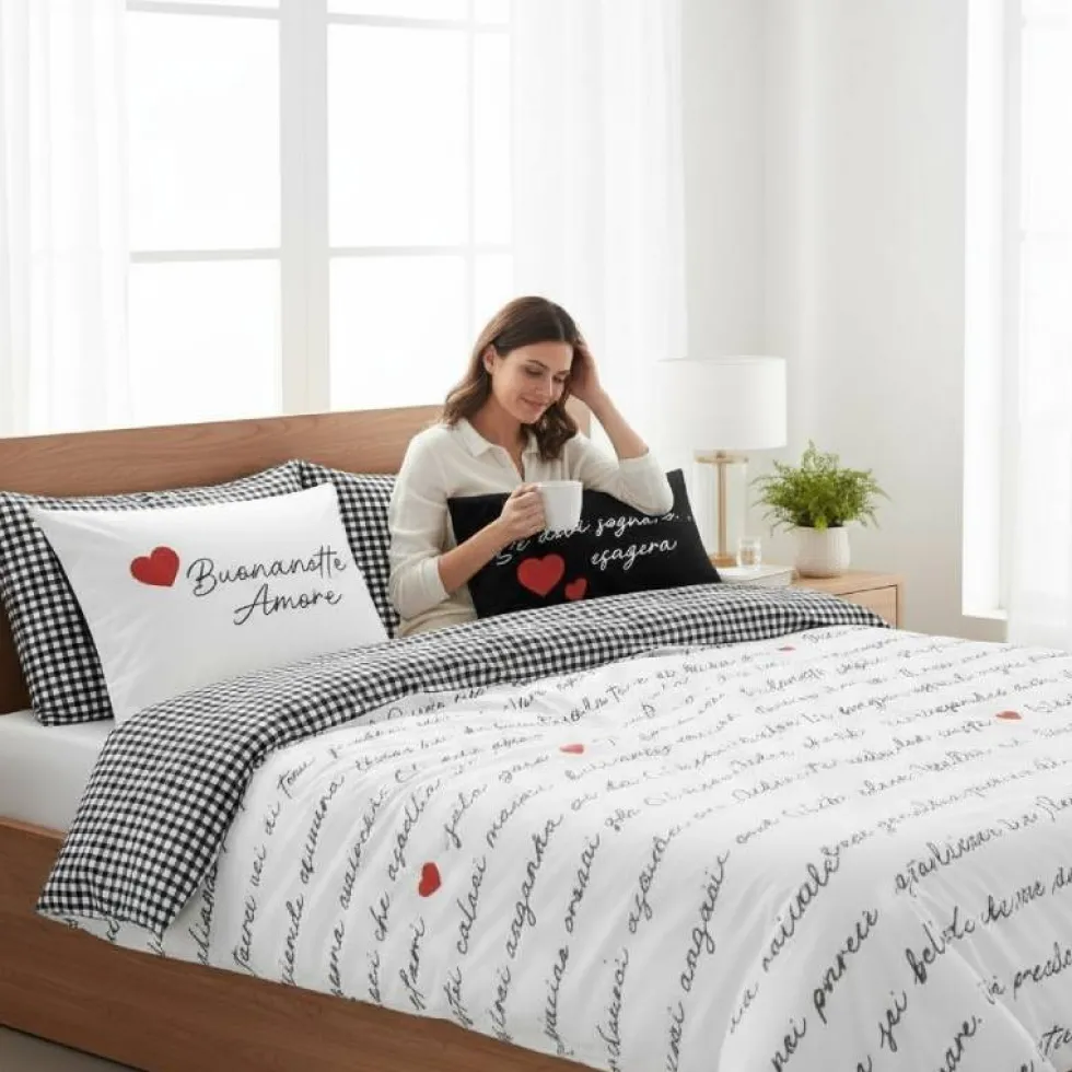 Set Copripiumino Camomilla 100% raso Solo Cuore black&white