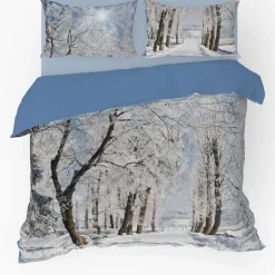 Set copripiumino Matrimoniale e Federe ARBRES azzurro con neve