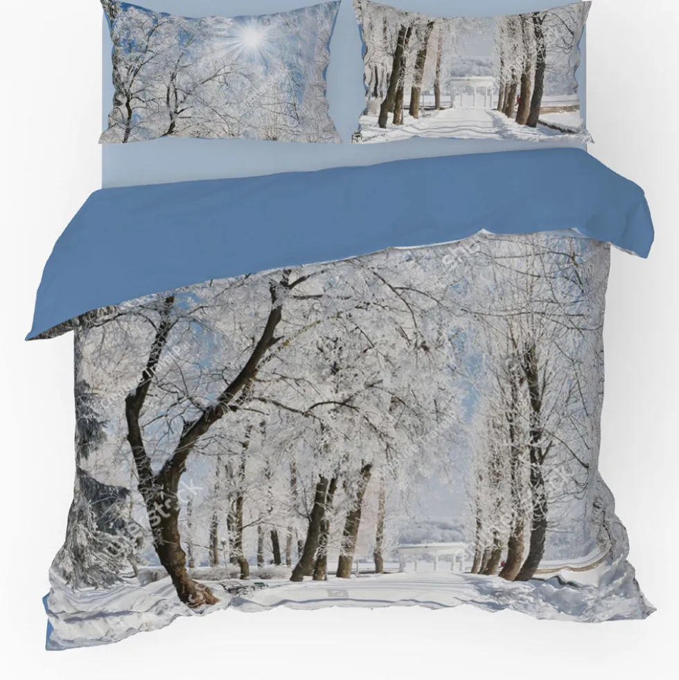 Set copripiumino Matrimoniale e Federe ARBRES azzurro con neve