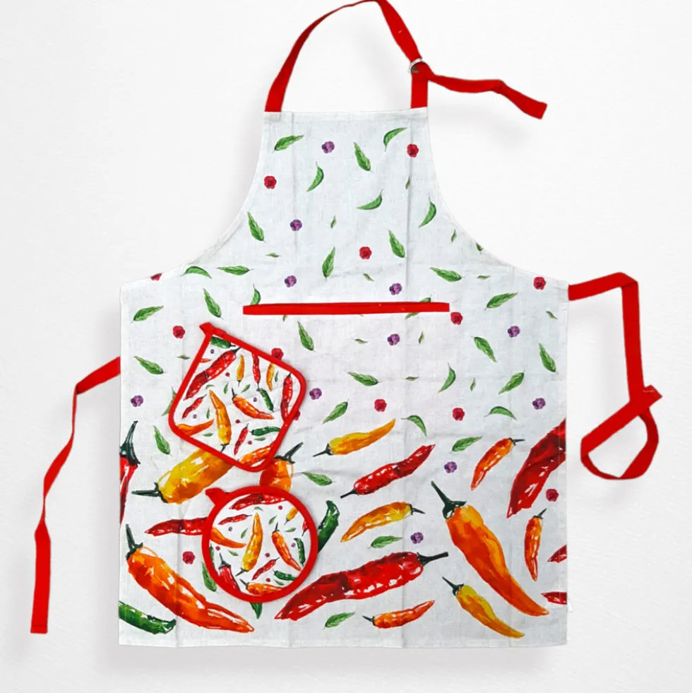 Set cucina - 1 grembiule + coppia di presine CHILI rosso