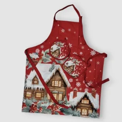 Set da cucina grembiule + 2 presine in cotone HOGAR Natalizio rosso