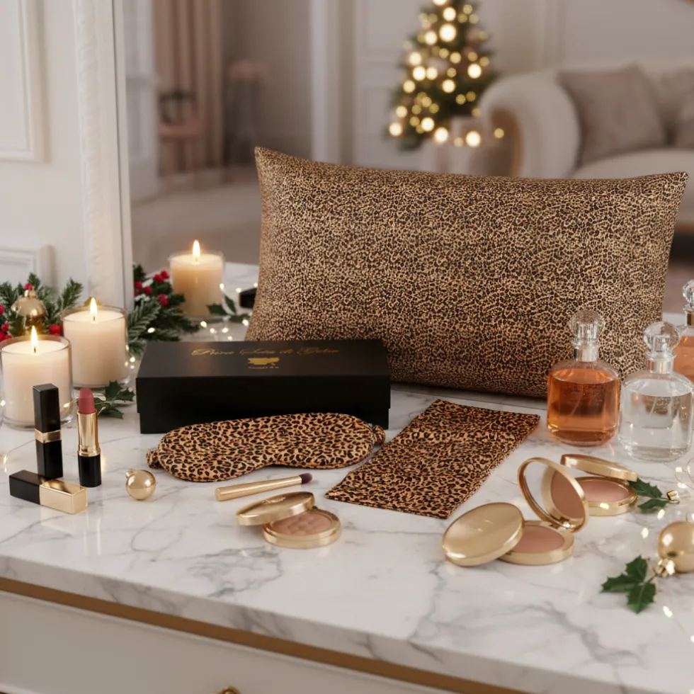 Set federa 50x80 in pura seta di gelso + maschera notte Brown Leopard