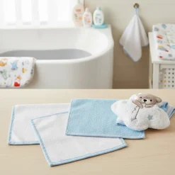 Set 3 lavette Neonato Orsetto azzurro 23x23 cm + spugna