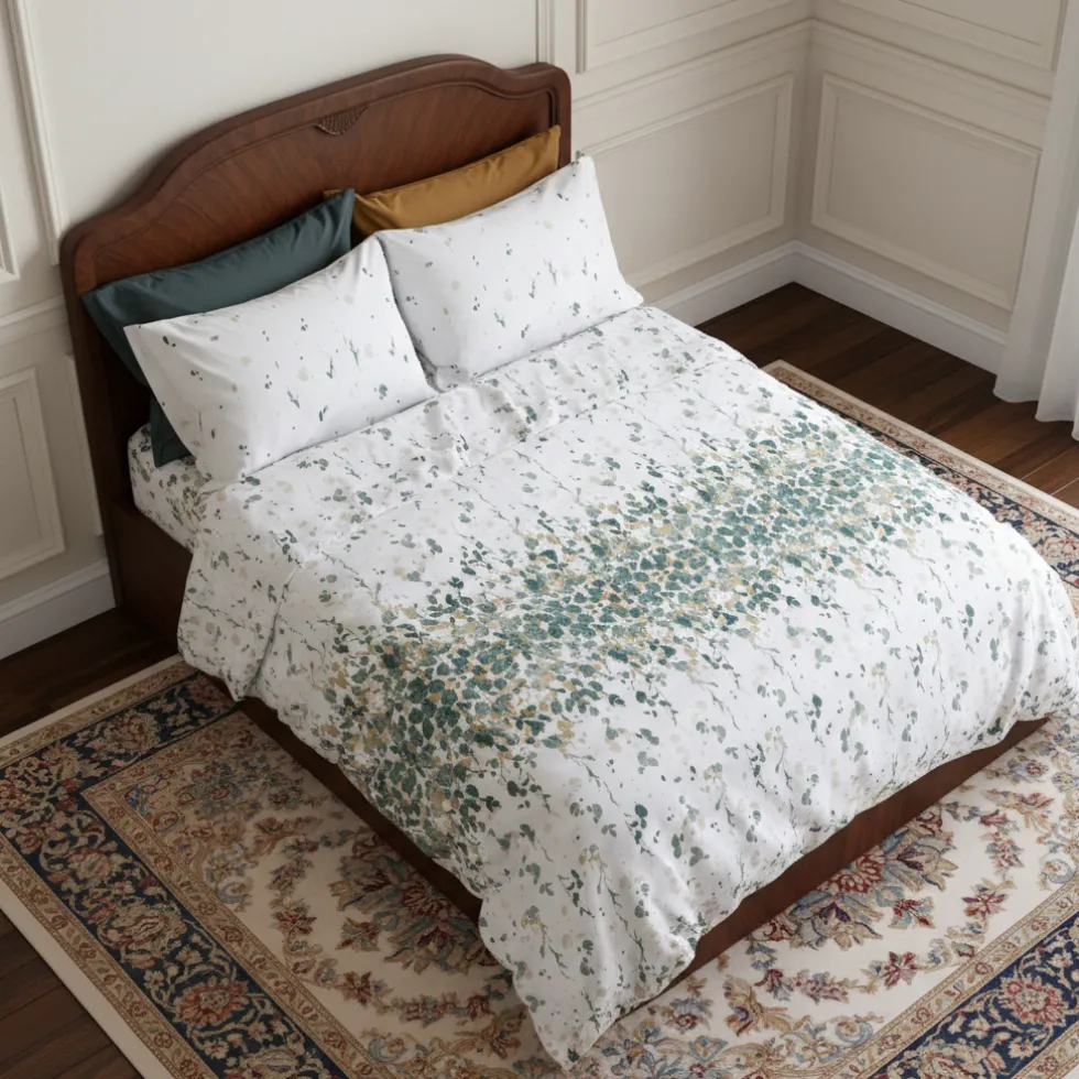 Set Lenzuola-copriletto matrimoniali 100% cotone foliage verde