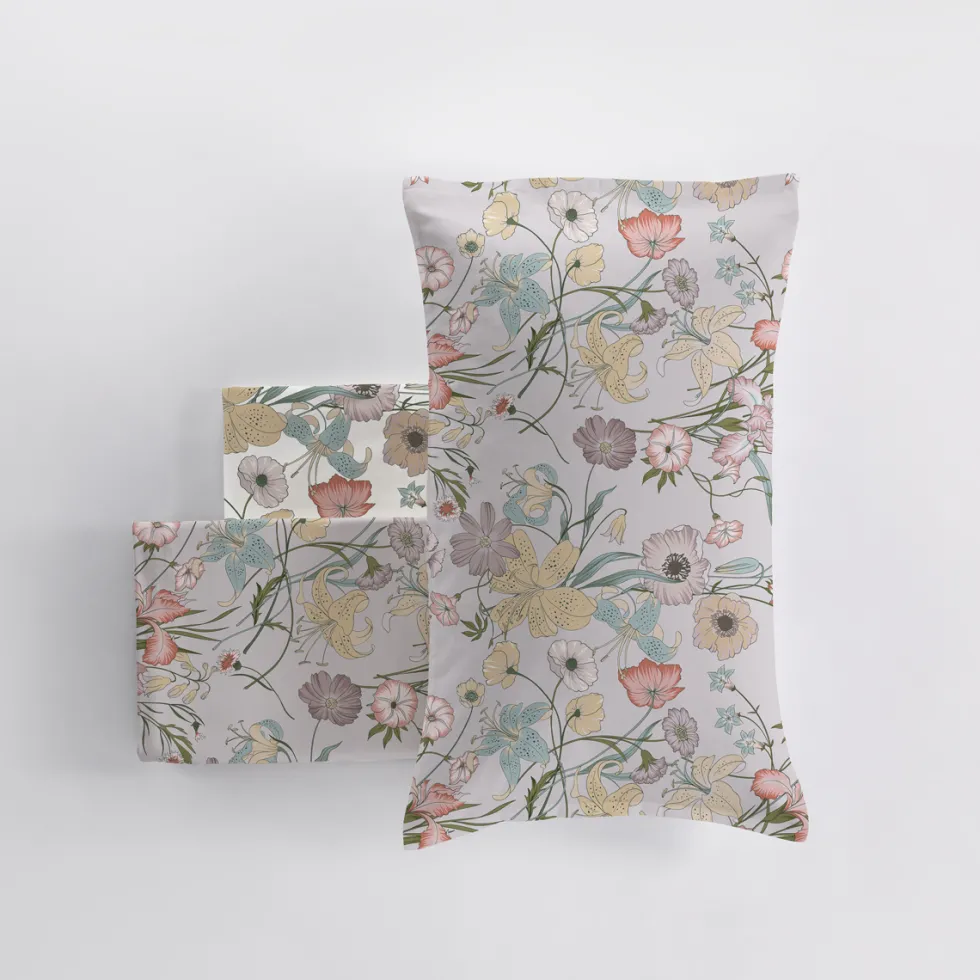 Set Lenzuola-copriletto matrimoniali 100% cotone Fiori di Campo lino