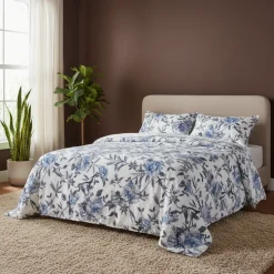 Set lenzuola matrimoniale MIRABELLO in raso Oriental Peony grigio-blu