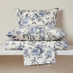 Set lenzuola matrimoniale MIRABELLO in raso Oriental Peony grigio-blu