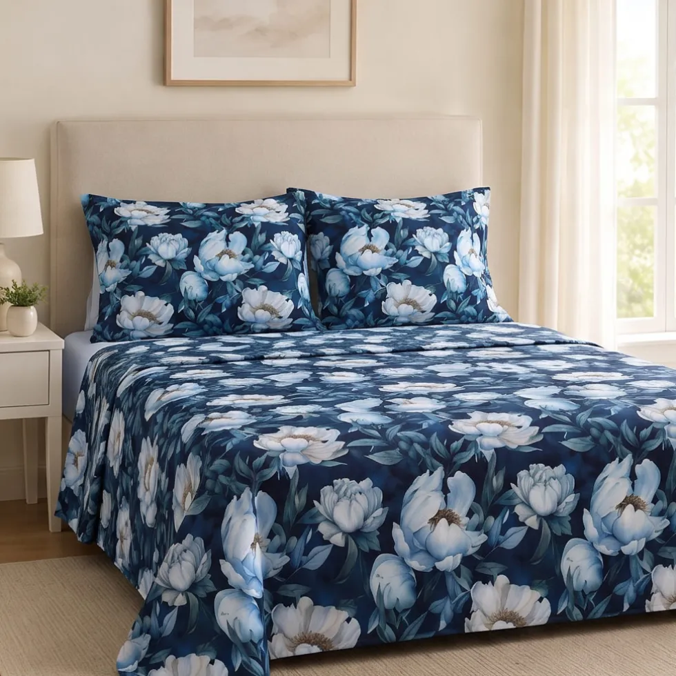 Set Lenzuola Matrimoniali Enrico Coveri LUAN Floreale blu in percalle