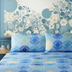 Set Lenzuola Meridiani Azzurro in Cotone - Design Geometrico Moderno
