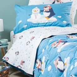 Set lenzuola Pinguini di Caleffi per letto singolo Colore Azzurro Bianco