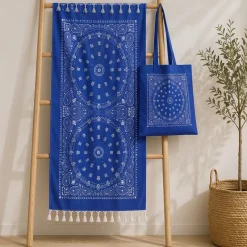 Set Telo Mare Fouta con Frange + borsa in tessuto abbinata blu