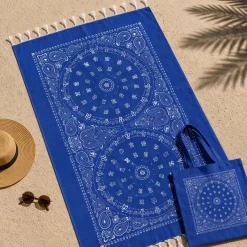 Set Telo Mare Fouta con Frange + borsa in tessuto abbinata blu