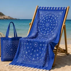 Set Telo Mare Fouta con Frange + borsa in tessuto abbinata blu