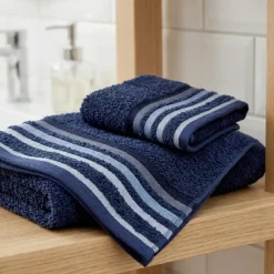 Set 1+1 viso e ospite in spugna Blu Navy con righe jacquard