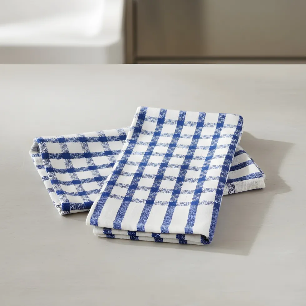 Set 2x canovacci strofinacci a quadri blu 100% cotone doppio ritorto