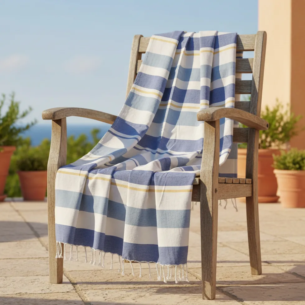 Telo Mare con frange Pareo Salvaspazio Speedy + Pochette righe blu