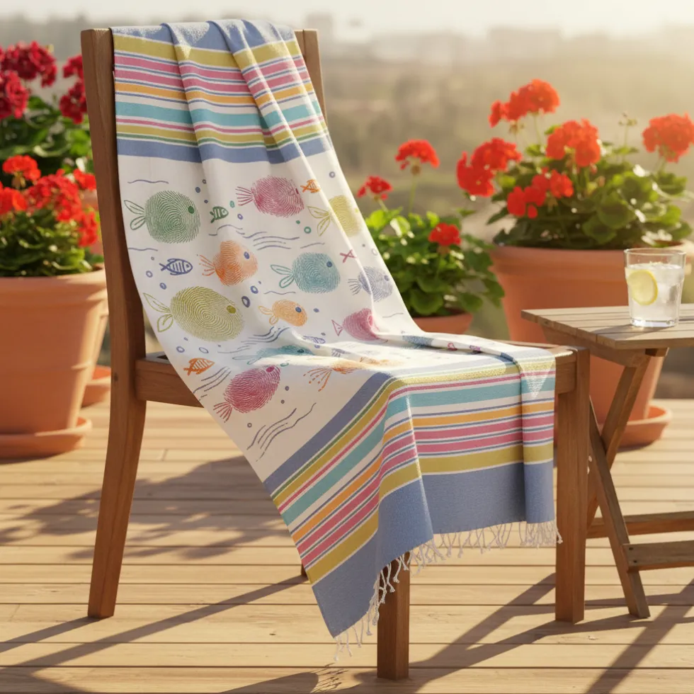 Telo Mare in Cotone Fouta spiaggia con Frange 100x200 cm Pesci Impronte