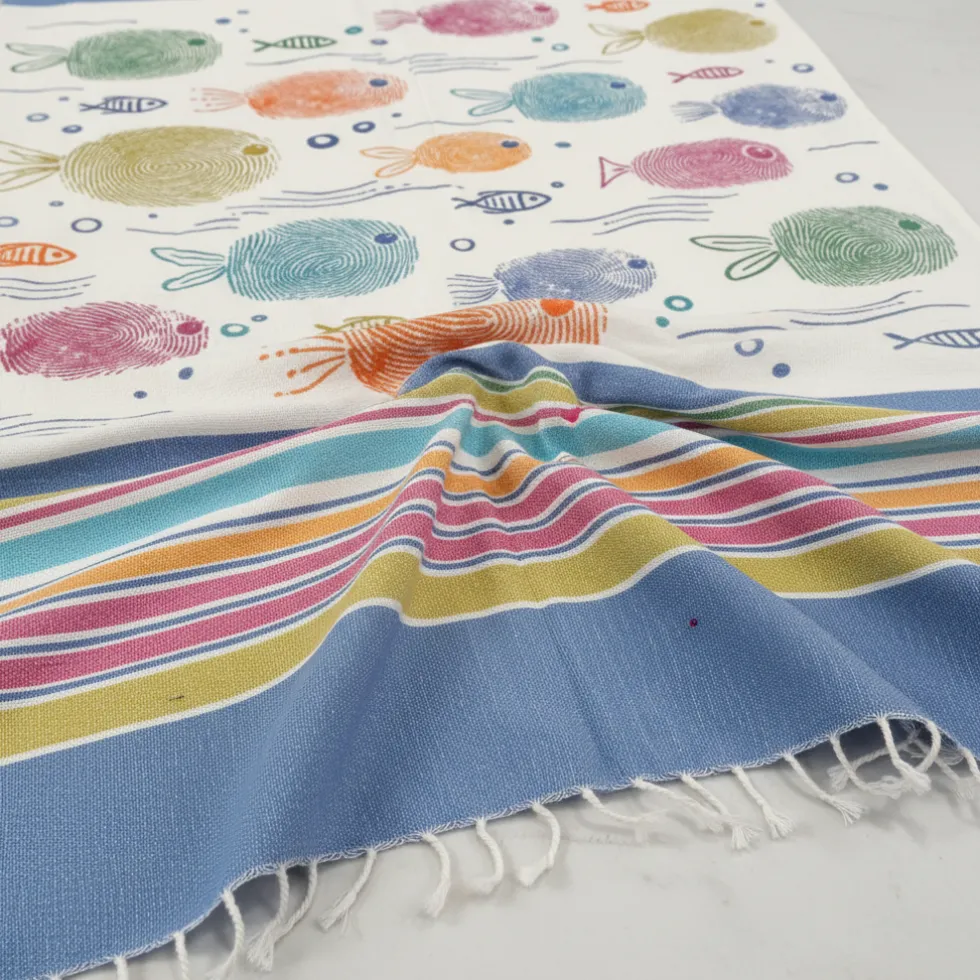 Telo Mare in Cotone Fouta spiaggia con Frange 100x200 cm Pesci Impronte