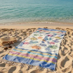 Telo Mare in Cotone Fouta spiaggia con Frange 100x200 cm Pesci Impronte