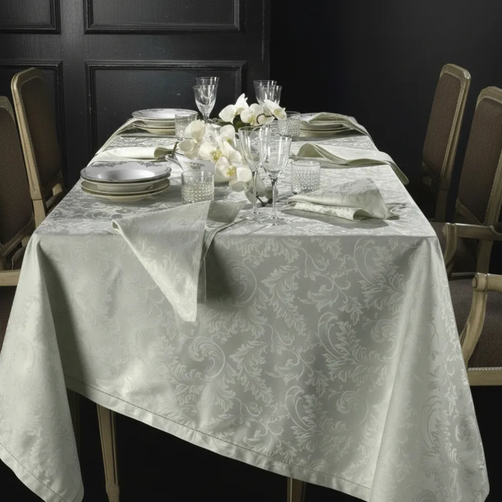 Tovaglia rotonda PIAZZA PITTI Ø 180 cm fiandra con 8 tovaglioli grigio perla Manuela