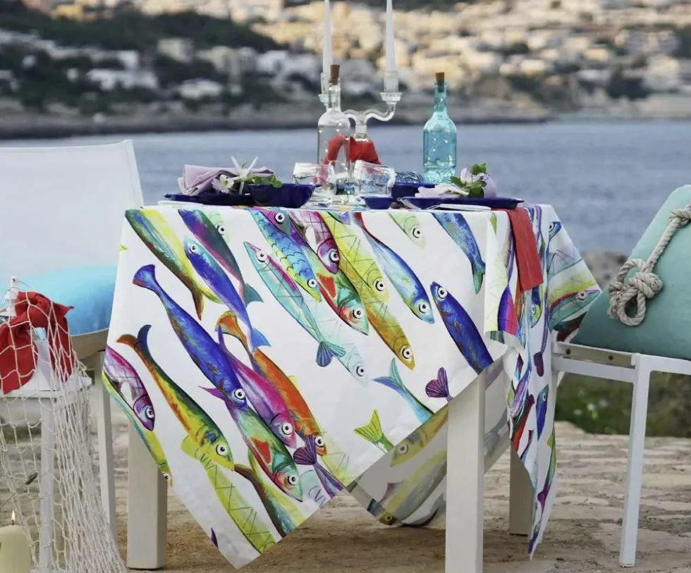 Tovaglia Tessitura Toscana Telerie puro cotone POISSON BLEU pesci blu